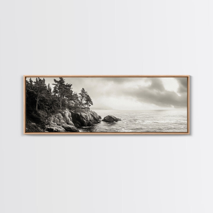 Windy Pines, Rocky Shoreline, Ocean Wilderness, Canvas Print, Vintage Nature Photography, Hallway Wall Art, Outdoor Adventure Vibe