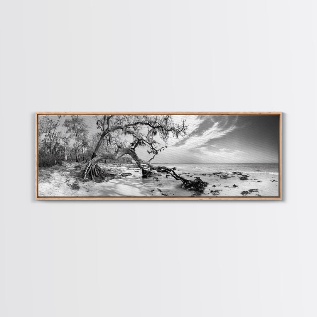 Bending Tree Beach, Windswept Coastal Scene, Dune Forest, Canvas Print, Monochrome Minimalist Art, Boho Bedroom Decor, Ocean Tones