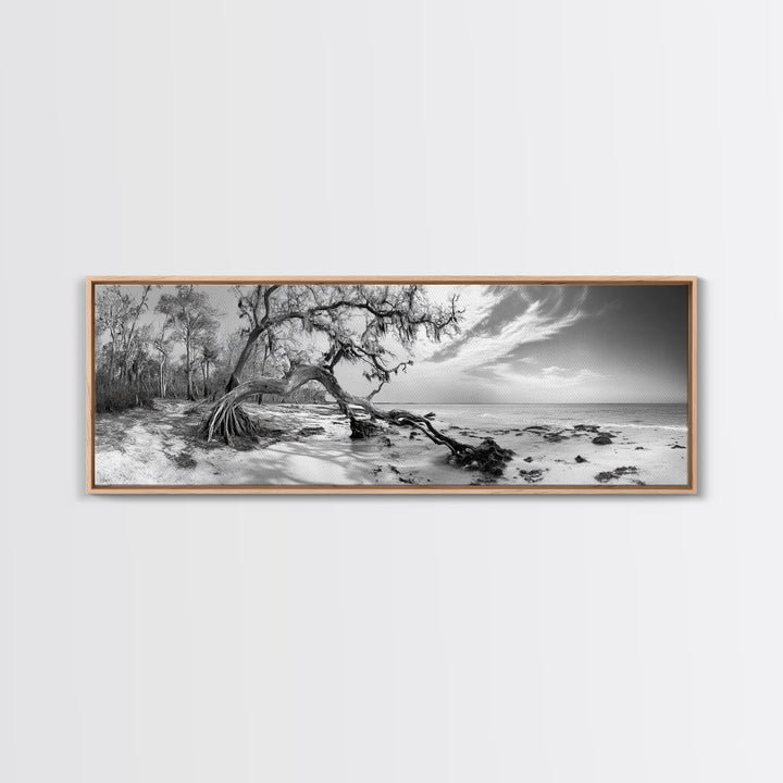 Bending Tree Beach, Windswept Coastal Scene, Dune Forest, Canvas Print, Monochrome Minimalist Art, Boho Bedroom Decor, Ocean Tones