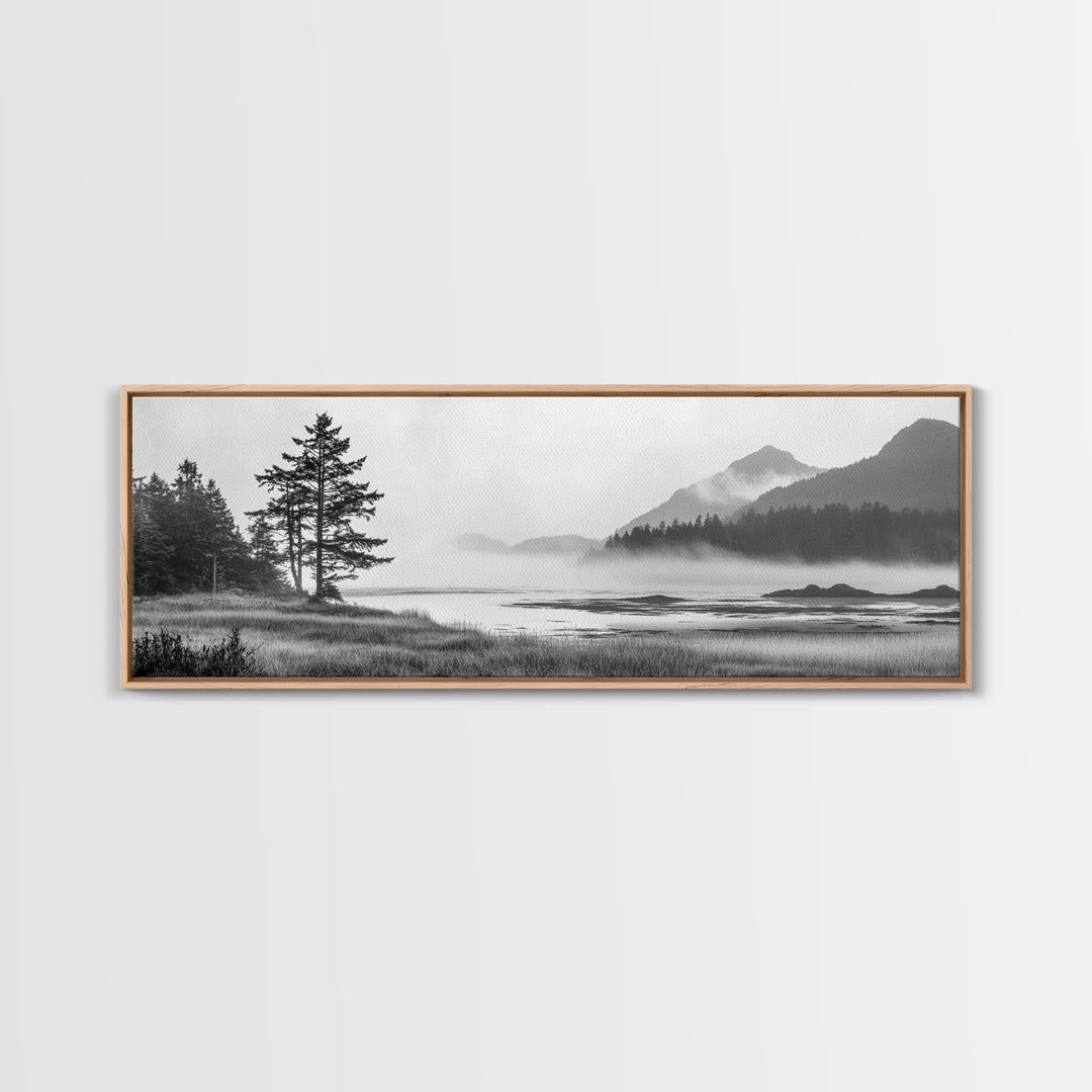 Foggy River Valley, Evergreen Mountains, Morning Mist Landscape, Framed Canvas Print, Tranquil Bedroom Art, Nature Inspired Decor