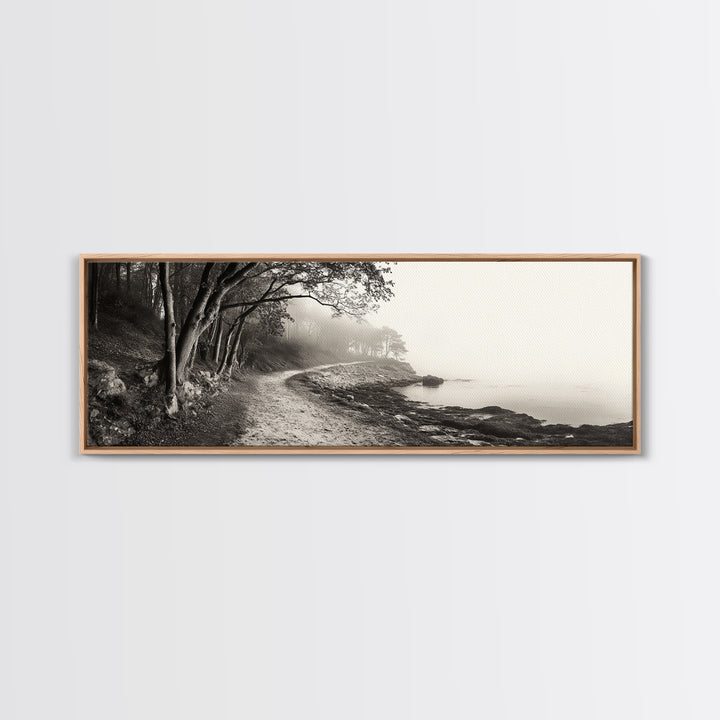 Forest Path, Misty Woods, Quiet Trail, Coastal Fog, Framed Canvas Print, Scandinavian Decor, Entryway Art, Minimal Nature Photography