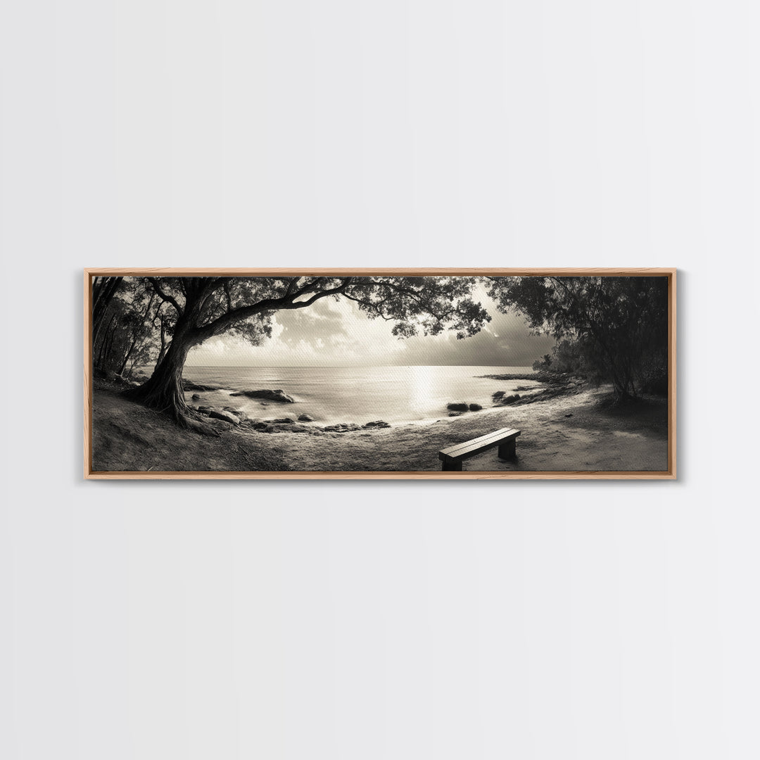 Serene Bench, Ocean View, Tropical Shoreline, Framed Canvas Print, Tranquil Beach Art, Entryway Decor, Nature Photography Wall Art