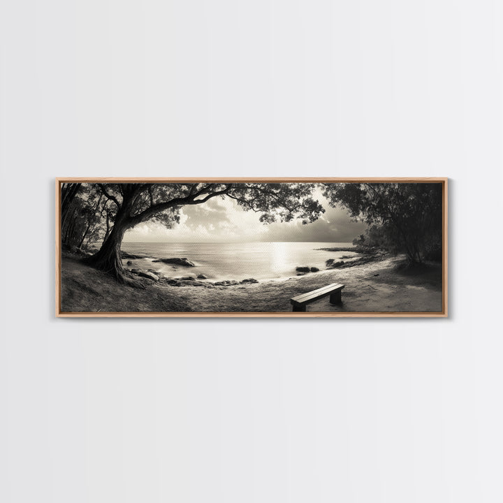 Serene Bench, Ocean View, Tropical Shoreline, Framed Canvas Print, Tranquil Beach Art, Entryway Decor, Nature Photography Wall Art