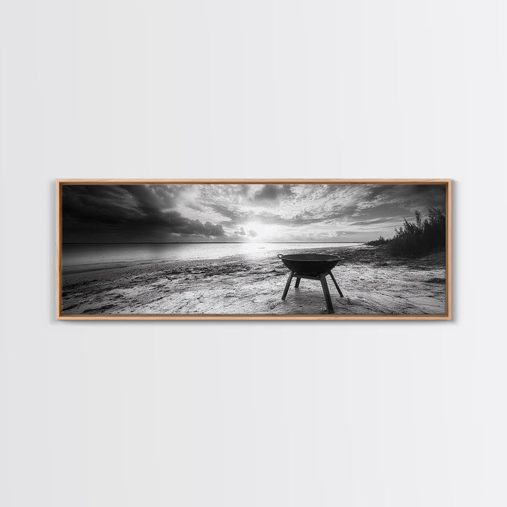 Beach Grill, Sunset Shore, Cloudy Horizon, Canvas Print, Coastal Minimalist Decor, Kitchen Wall Art, Autumn Beach House Accent