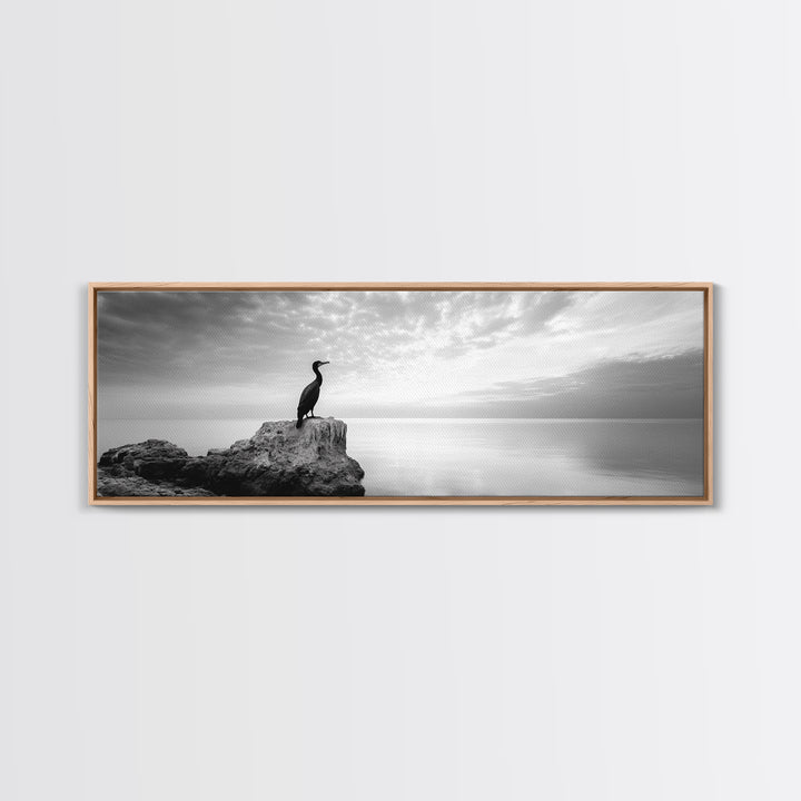 Solitary Bird, Ocean Rock, Minimalist Seascape, Canvas Print, Peaceful Wall Art, Zen Decor, Black and White Living Room Accent
