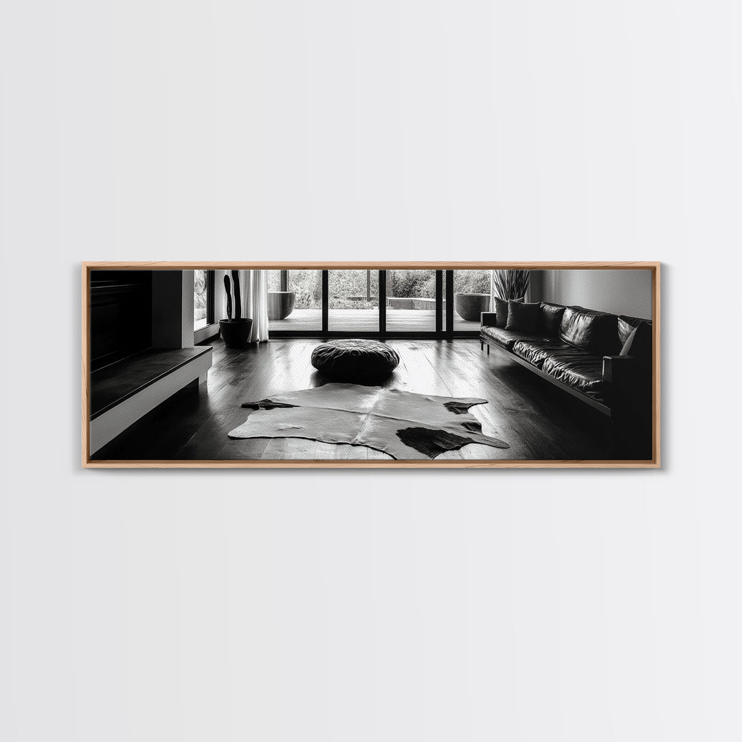 Modern Living, Minimalist Decor, Cowhide Rug, Framed Canvas Print, Neutral Aesthetic Wall Art, Luxury Living Room Design Accent