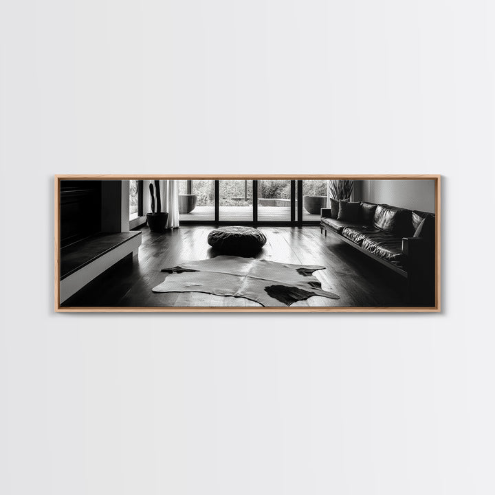 Modern Living, Minimalist Decor, Cowhide Rug, Framed Canvas Print, Neutral Aesthetic Wall Art, Luxury Living Room Design Accent