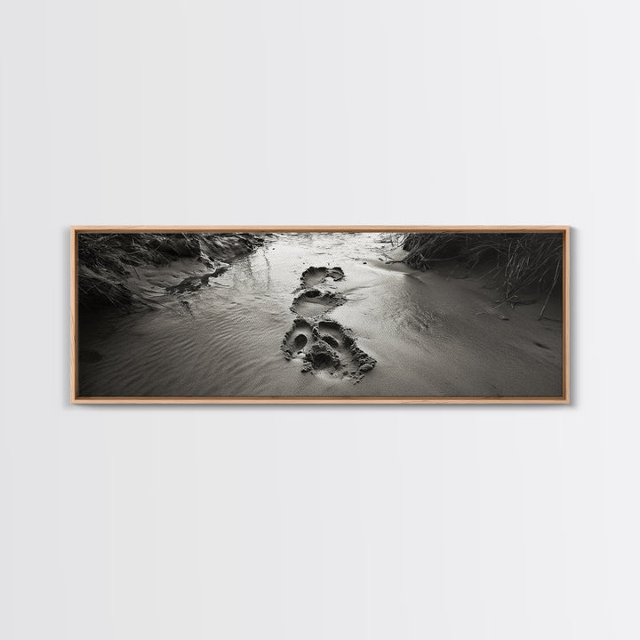 Footprints in Sand, Nature Pathway, Tranquil Stream, Framed Canvas Print, Mindful Journey Art, Rustic Entryway Wall Photography