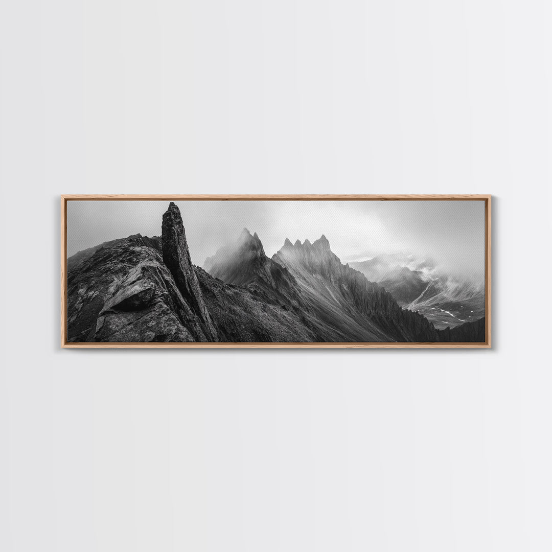 Jagged Peaks, Foggy Mountains, Dramatic Range, Canvas Print, Monochrome Wilderness Art, Office or Cabin Wall Decor, Adventure Style