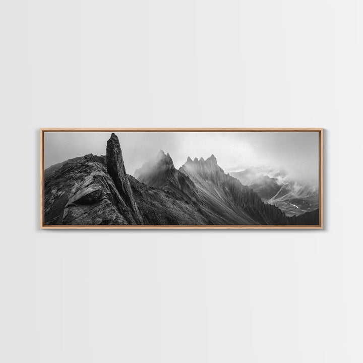 Jagged Peaks, Foggy Mountains, Dramatic Range, Canvas Print, Monochrome Wilderness Art, Office or Cabin Wall Decor, Adventure Style