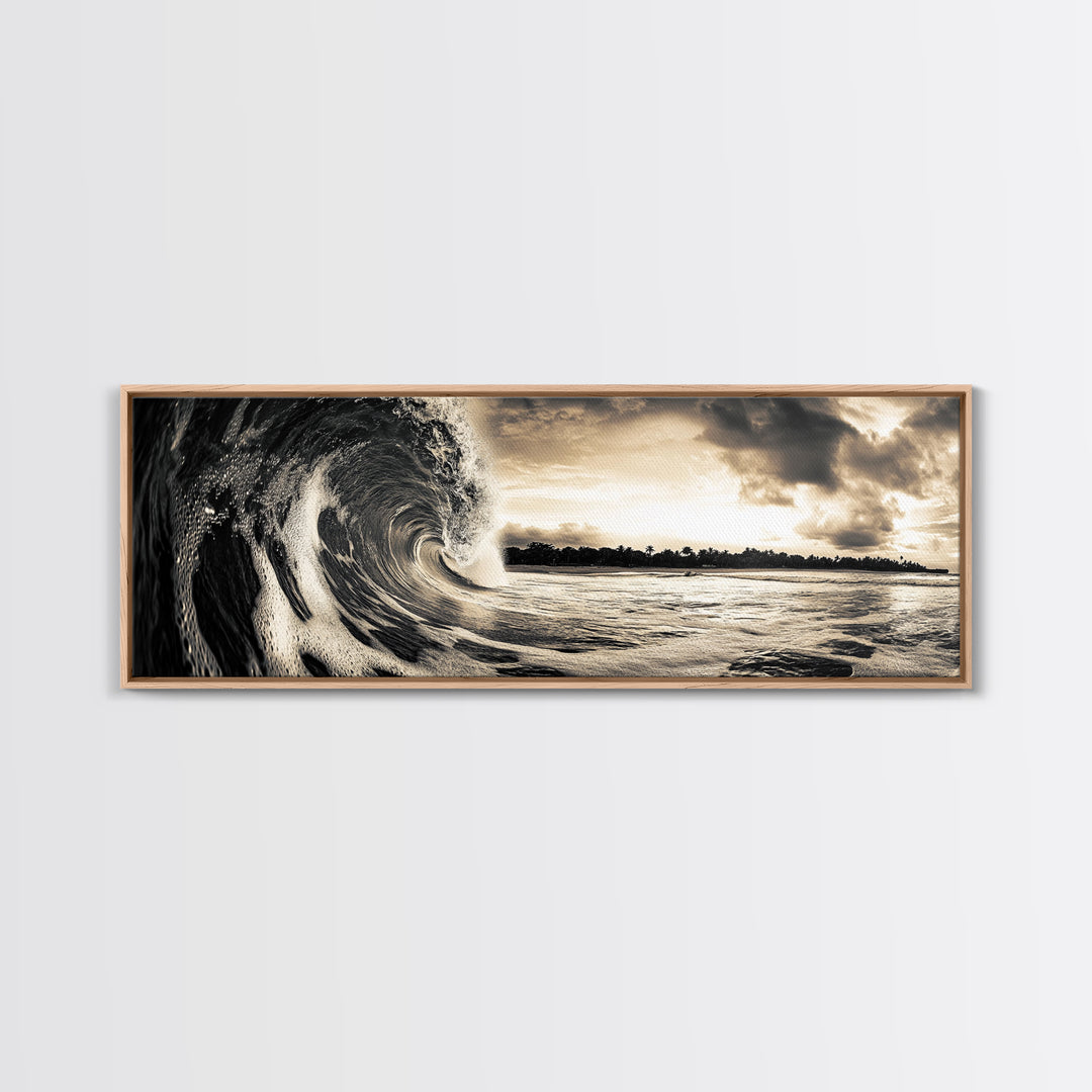 Barrel Wave, Tropical Storm, Surfer’s Dream, Framed Canvas Print, Ocean Power Wall Art, Coastal Living Room Photography Decor