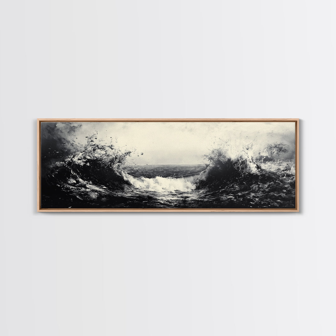 Crashing Waves, Stormy Ocean, Monochrome Surf, Canvas Print, Abstract Seascape Art, Moody Bathroom Decor, Black and White Art Style