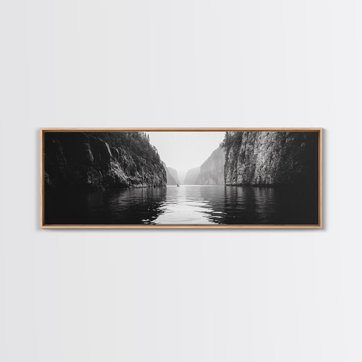Misty Canyon, River Passage, Tranquil Adventure, Canvas Print, Nature Escape Wall Art, Zen Office Decor, Moody Black and White Style