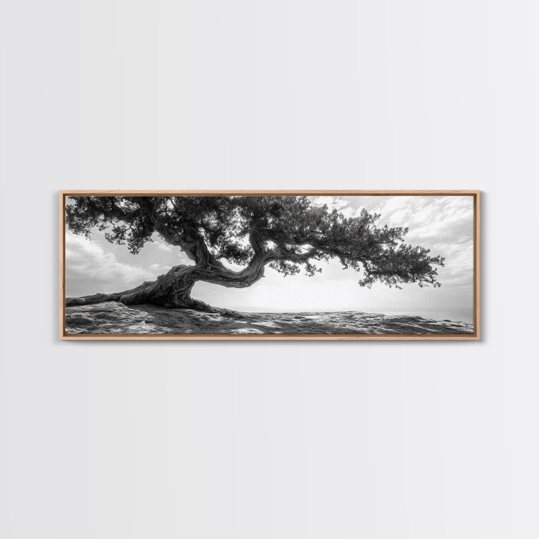 Bending Tree, Windswept Landscape, Coastal Nature, Monochrome Art, Framed Canvas Print, Zen Wall Art, Minimalist Living Room Decor