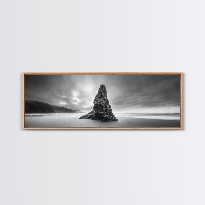 Coastal Monolith, Oregon Seascape, Moody Sky, Dramatic Beach, Framed Canvas Print, Coastal Wall Art, Modern Minimalist Decor