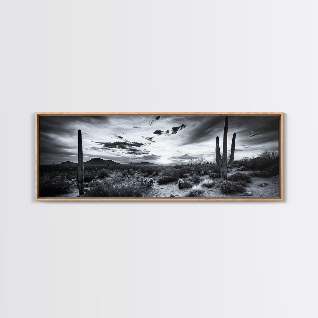 Desert Sunset, Cactus Silhouettes, Southwestern Landscape, Moody Sky Scene, Framed Canvas Print, Western Wall Art, Rustic Office Decor