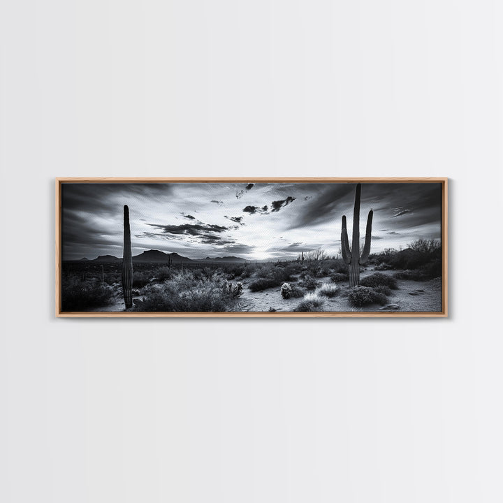 Desert Sunset, Cactus Silhouettes, Southwestern Landscape, Moody Sky Scene, Framed Canvas Print, Western Wall Art, Rustic Office Decor