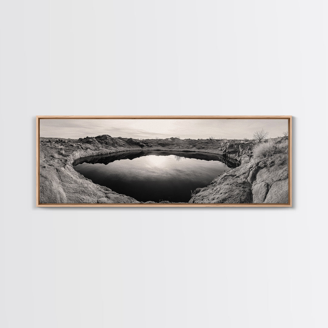Desert Pool, Reflected Sky, Rugged Terrain, Monochrome Minimalism, Framed Canvas Print, Earthy Wall Art, Neutral Bedroom Decor