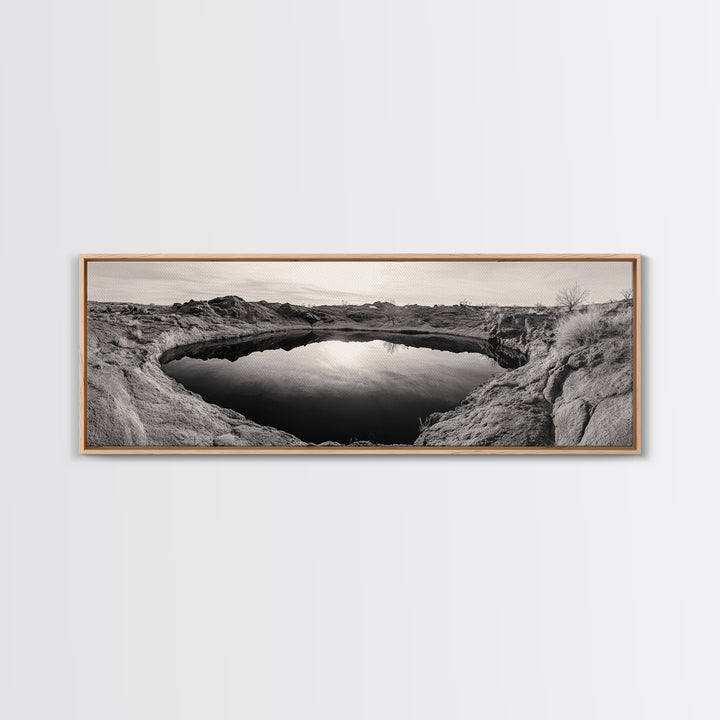 Desert Pool, Reflected Sky, Rugged Terrain, Monochrome Minimalism, Framed Canvas Print, Earthy Wall Art, Neutral Bedroom Decor