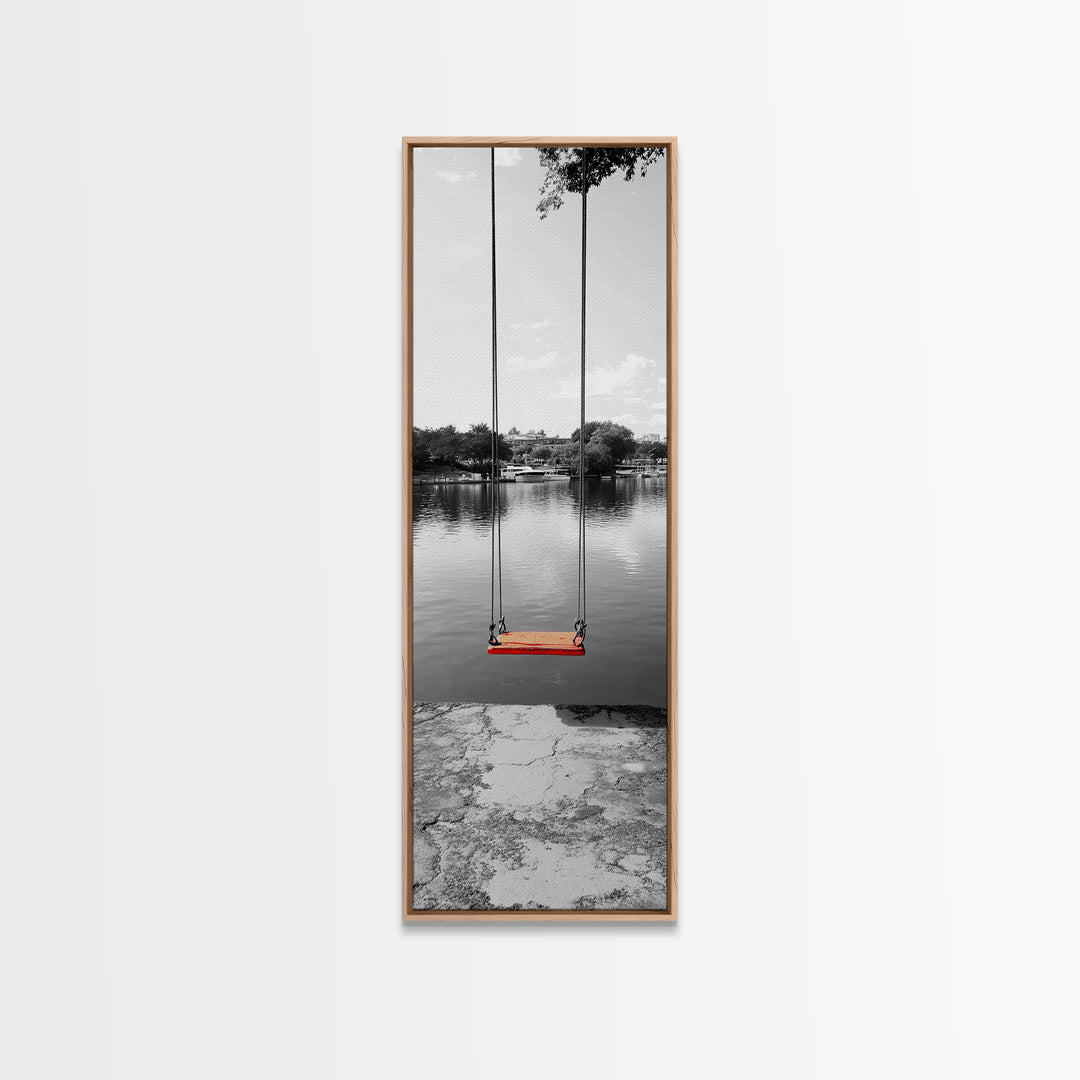 Swing Over Lake, Still Waters, Childhood Memories, Tranquil View – Canvas Print, Minimalist Wall Art, Kids Room Decor, Serene Black and White