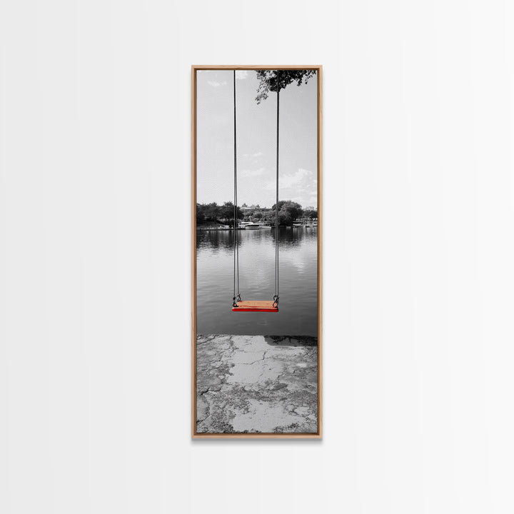 Swing Over Lake, Still Waters, Childhood Memories, Tranquil View – Canvas Print, Minimalist Wall Art, Kids Room Decor, Serene Black and White