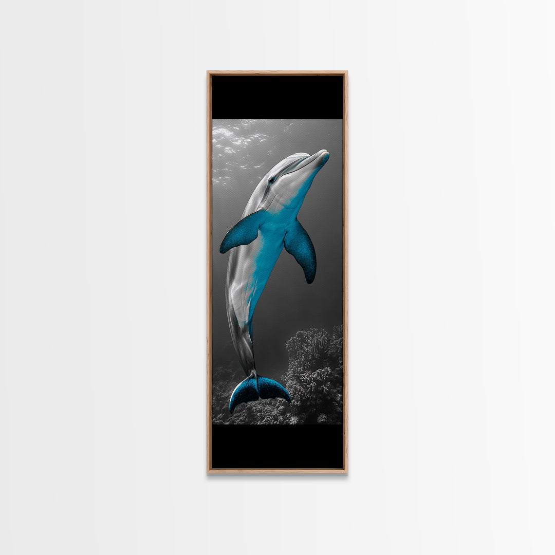 Blue Dolphin, Ocean Glow, Underwater Life, Sea Creature – Framed Canvas Print, Bathroom Wall Art, Coastal Decor, Marine Animal Art