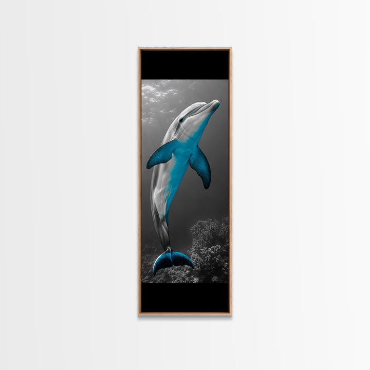 Blue Dolphin, Ocean Glow, Underwater Life, Sea Creature – Framed Canvas Print, Bathroom Wall Art, Coastal Decor, Marine Animal Art