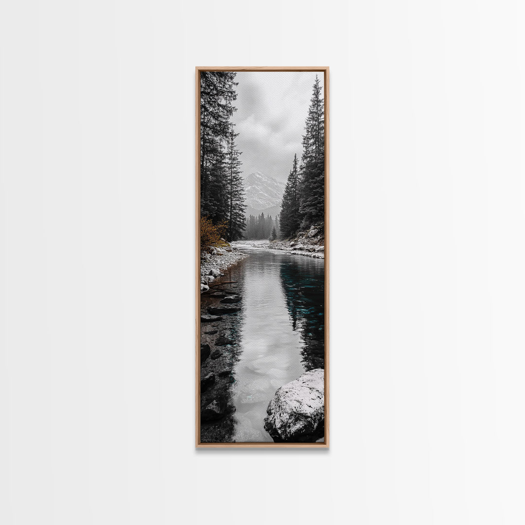 Mountain River, Forest Reflections, Nature Tranquility, Winter Pines, Canvas Print, Serene Landscape Wall Art, Bedroom Cabin Decor