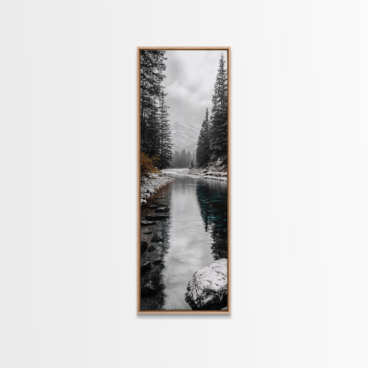 Mountain River, Forest Reflections, Nature Tranquility, Winter Pines, Canvas Print, Serene Landscape Wall Art, Bedroom Cabin Decor