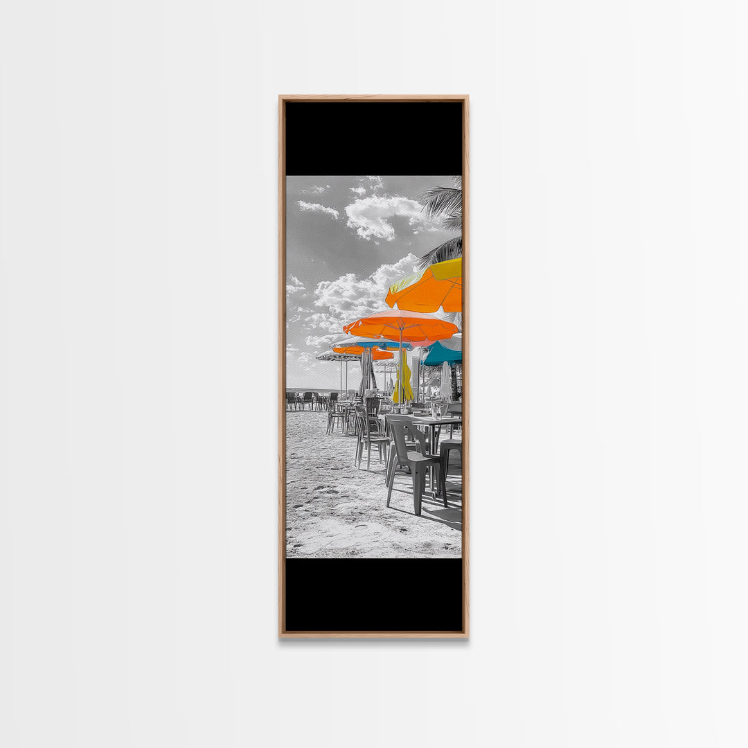 Beach Umbrellas, Seaside Dining, Summer Vibes, Framed Canvas Print, Tropical Kitchen Wall Art, Bright Coastal Decor, Boho Summer Style