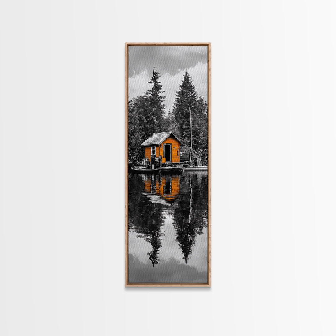 Lake Cabin, Reflection Serenity, Forest Escape, Framed Canvas Print, Nature Wall Art, Rustic Lodge Decor, Cabin Living Room Inspiration