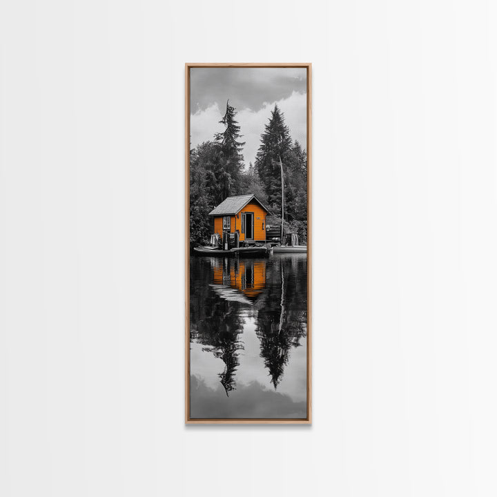 Lake Cabin, Reflection Serenity, Forest Escape, Framed Canvas Print, Nature Wall Art, Rustic Lodge Decor, Cabin Living Room Inspiration