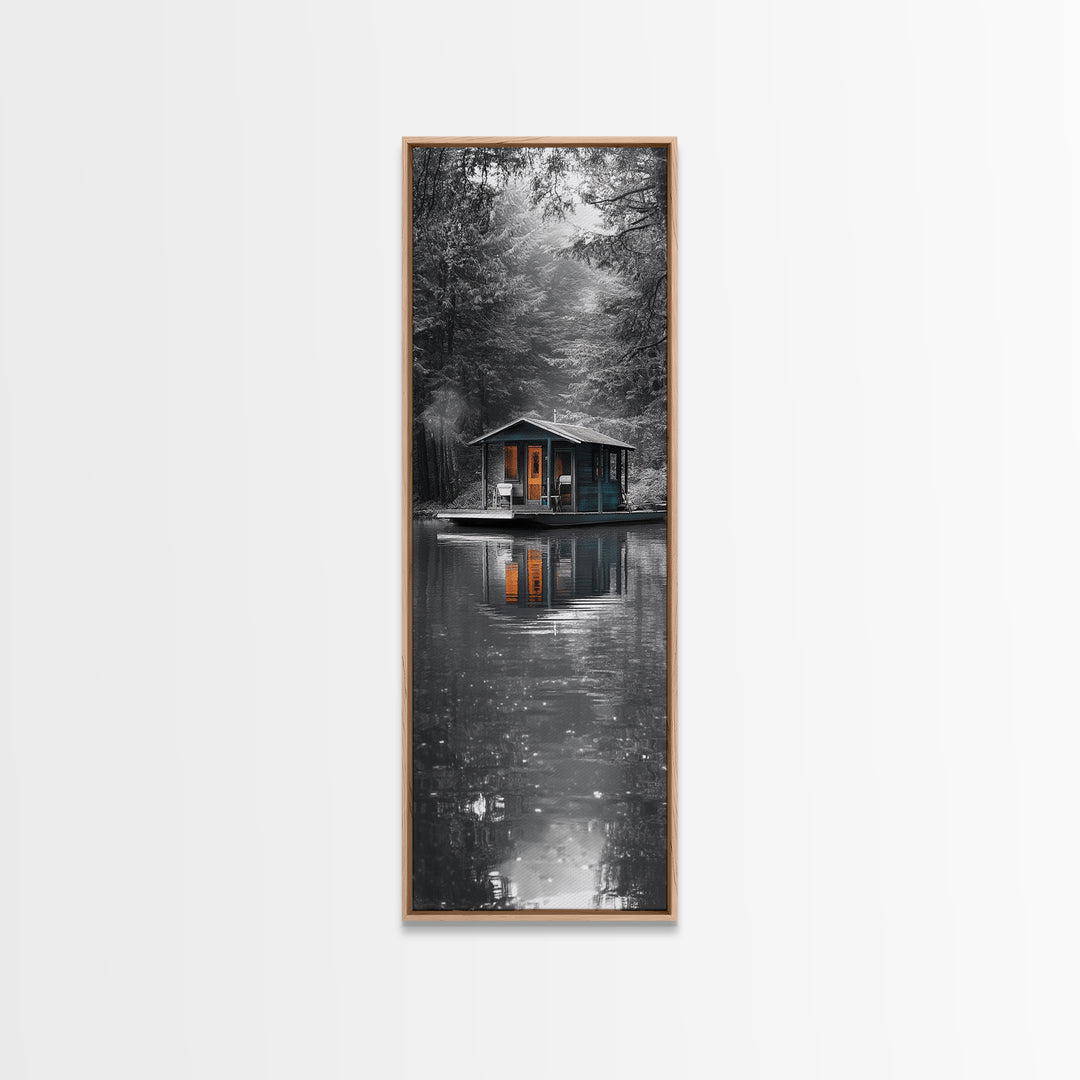 Cabin Reflection, Lake House Art, Cozy Forest Home, Canvas Print, Winter Wall Decor, Rustic Bedroom Artwork, Cabin Lover Gift
