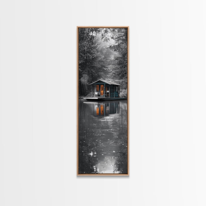 Cabin Reflection, Lake House Art, Cozy Forest Home, Canvas Print, Winter Wall Decor, Rustic Bedroom Artwork, Cabin Lover Gift