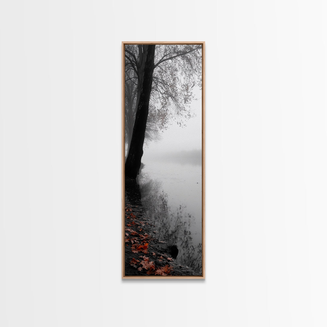 Foggy Shore, Autumn Path, Moody Nature Wall Art, Canvas Print, Fall Leaves, Serene Forest, Bedroom Decor, Woodland Landscape