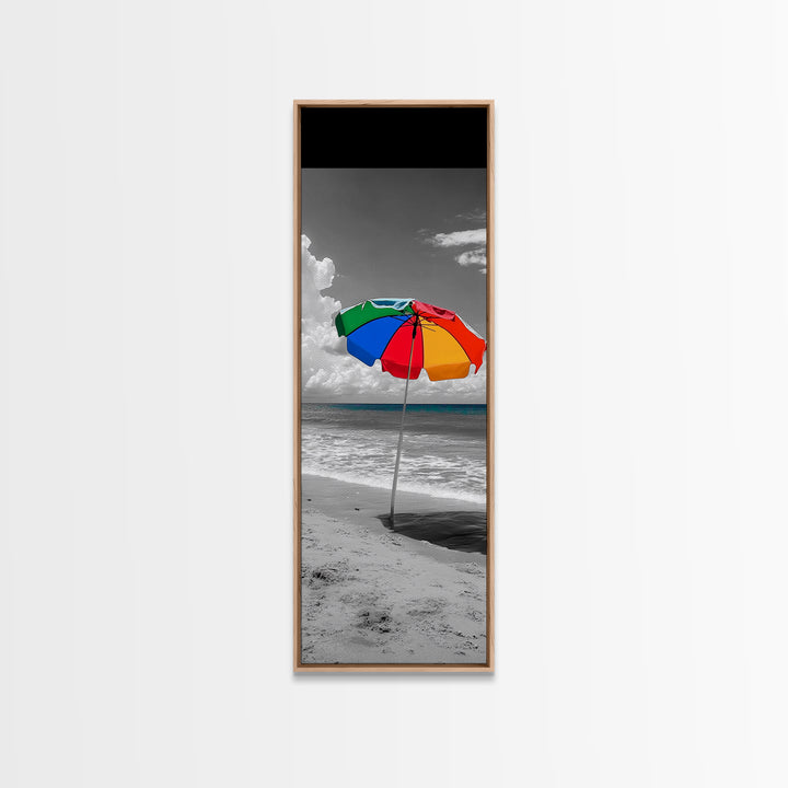 Rainbow Umbrella, Sandy Beach, Summer Sky, Framed Canvas Print, Coastal Bathroom Art, Vibrant Beach Decor, Modern Tropical Style
