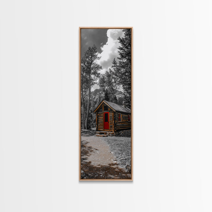 Log Cabin, Red Door, Mountain Home, Cozy Retreat, Framed Canvas Print, Rustic Wall Art, Lodge Decor, Fall Cabin Vibes, Country Living