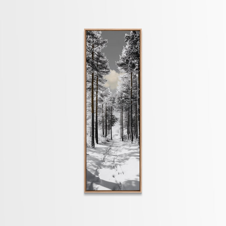 Snow Path, Winter Forest, Frosty Pines, Silent Trail, Framed Canvas Print, Christmas Wall Art, Cabin Decor, Nordic Winter Scene