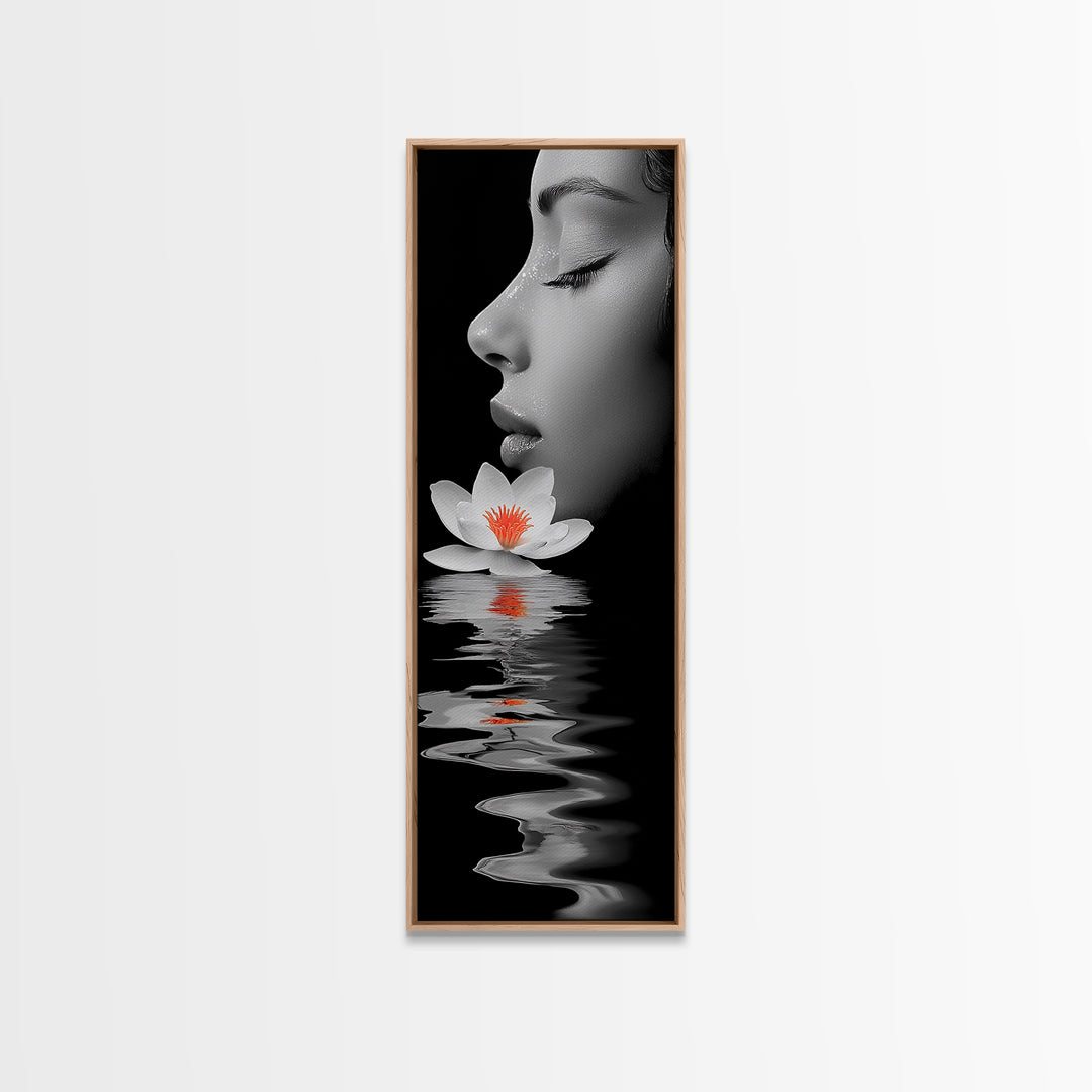 Lotus Beauty, Reflection Art, Feminine Calm, Elegant Profile, Framed Canvas Print, Spa Wall Art, Zen Decor, Minimalist Bathroom Art