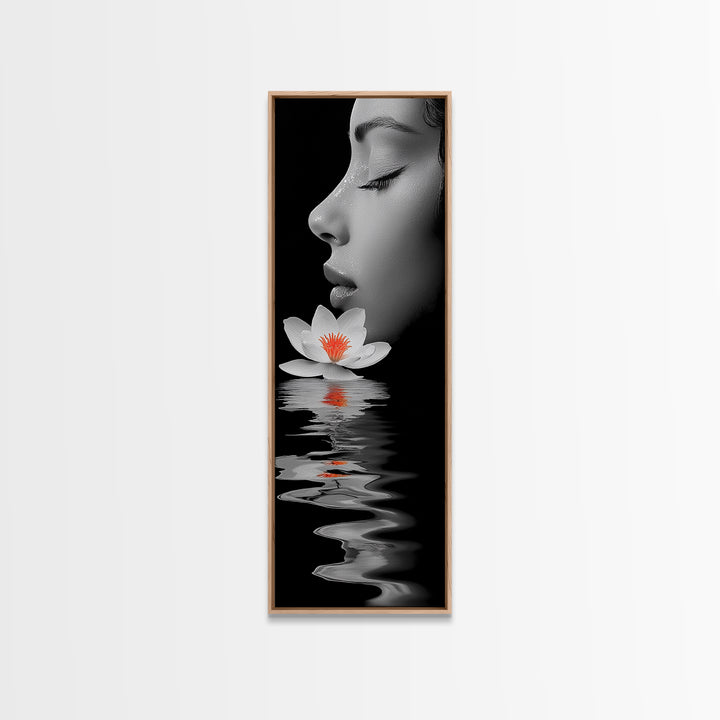 Lotus Beauty, Reflection Art, Feminine Calm, Elegant Profile, Framed Canvas Print, Spa Wall Art, Zen Decor, Minimalist Bathroom Art
