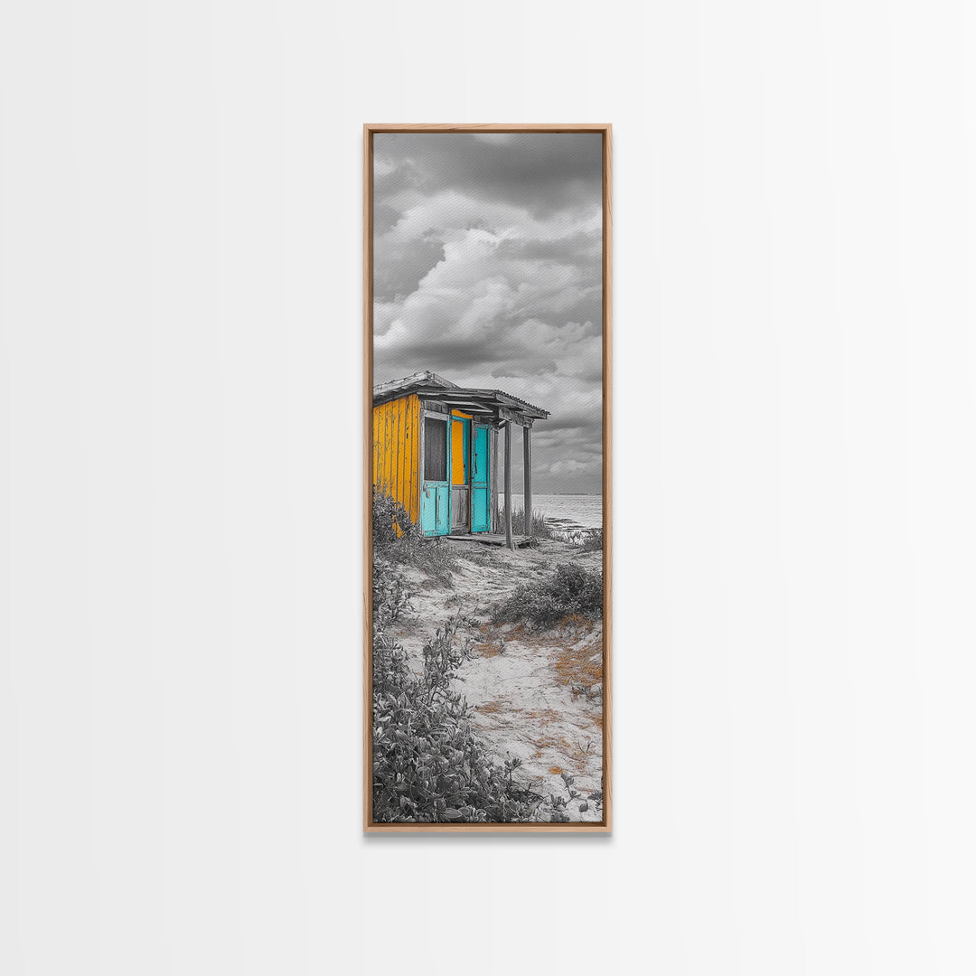 Beach Shack, Rustic Cabin, Vibrant Doors, Framed Canvas Print, Coastal Entryway Wall Art, Tropical Boho Decor, Seaside Rustic Style