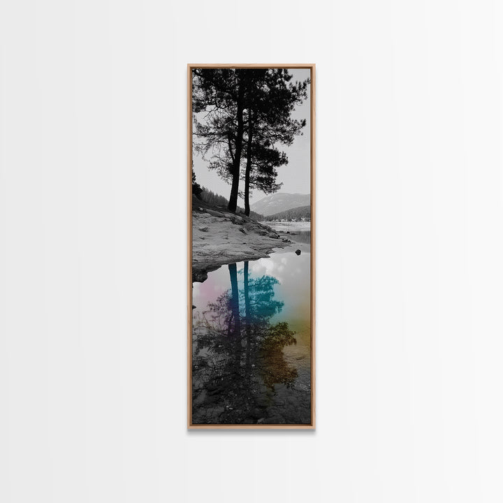 Tree Reflection, Moody Landscape, Nature Serenity, Rainbow Water, Framed Canvas Print, Boho Style, Bedroom Wall Art, Artistic Calm