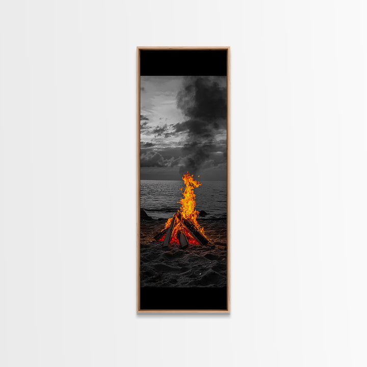 Beach Bonfire, Glowing Flame, Night Ocean, Framed Canvas Print, Autumn Coastal Wall Art, Rustic Cabin Decor, Moody Beach Photography