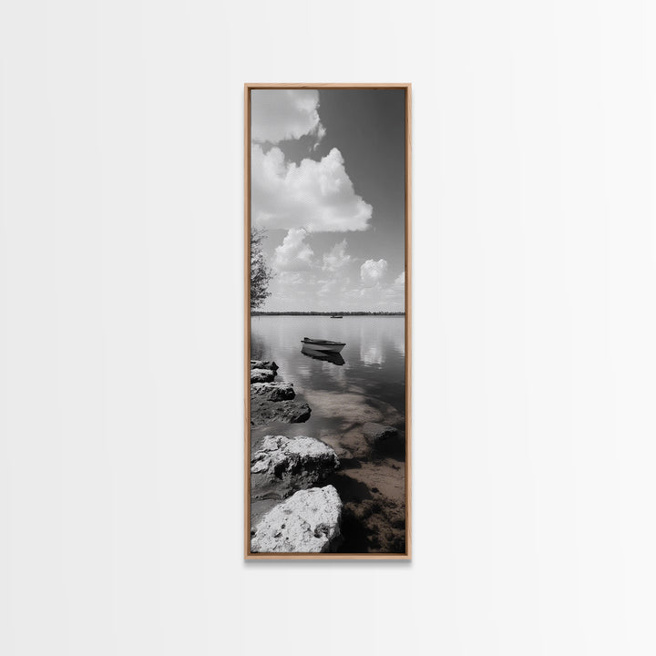 Monochrome Boat Lake, Peaceful Dockside, Still Waters, Minimal Calm, Framed Canvas Print, Bedroom Wall Art, Black White Photography