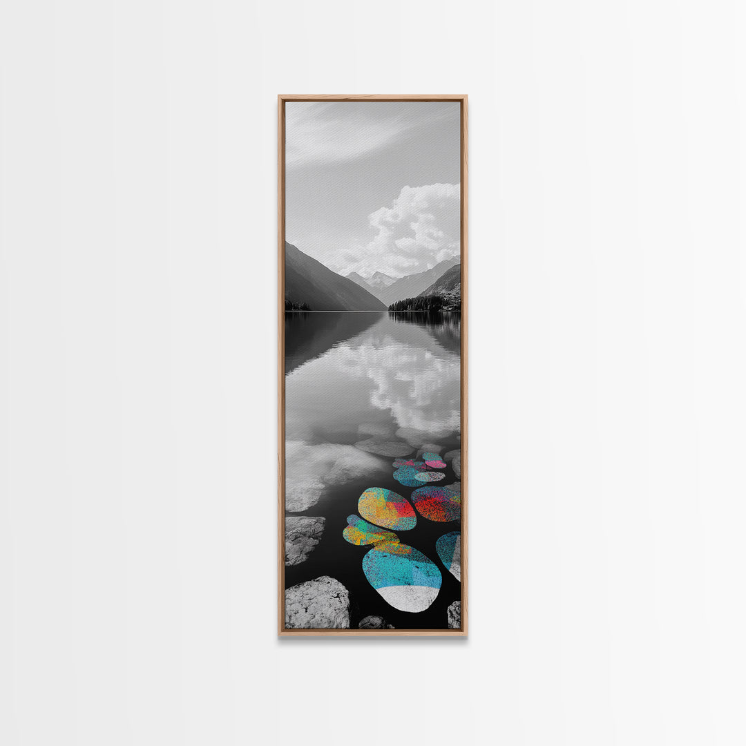 Lake Pebbles Art, Colorful Stones, Mountain Reflection, Calm Waterscape, Canvas Print, Zen Decor, Boho Lake Art, Bathroom Wall Art