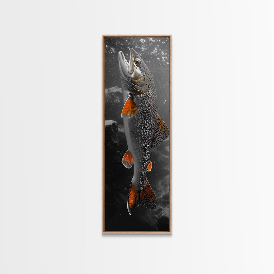 Trout Fishing Print, Underwater Scene, Orange Fins Fish, Rustic Wildlife, Framed Canvas Print, Cabin Decor, Man Cave Wall Art