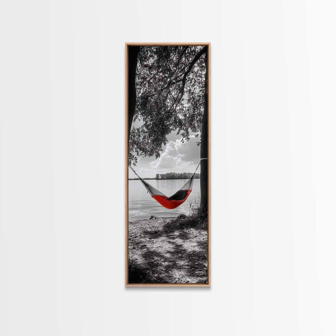 Red Hammock Escape, Nature Lake Art, Serene Moment, Outdoor Vibes, Framed Canvas Print Rustic Bedroom Wall Art, Minimalist Landscape