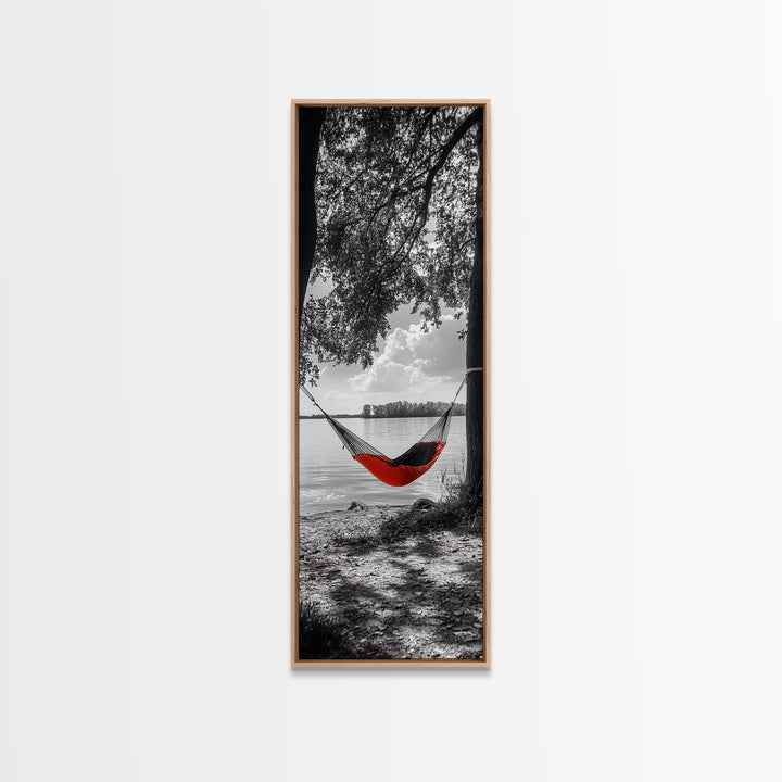 Red Hammock Escape, Nature Lake Art, Serene Moment, Outdoor Vibes, Framed Canvas Print Rustic Bedroom Wall Art, Minimalist Landscape