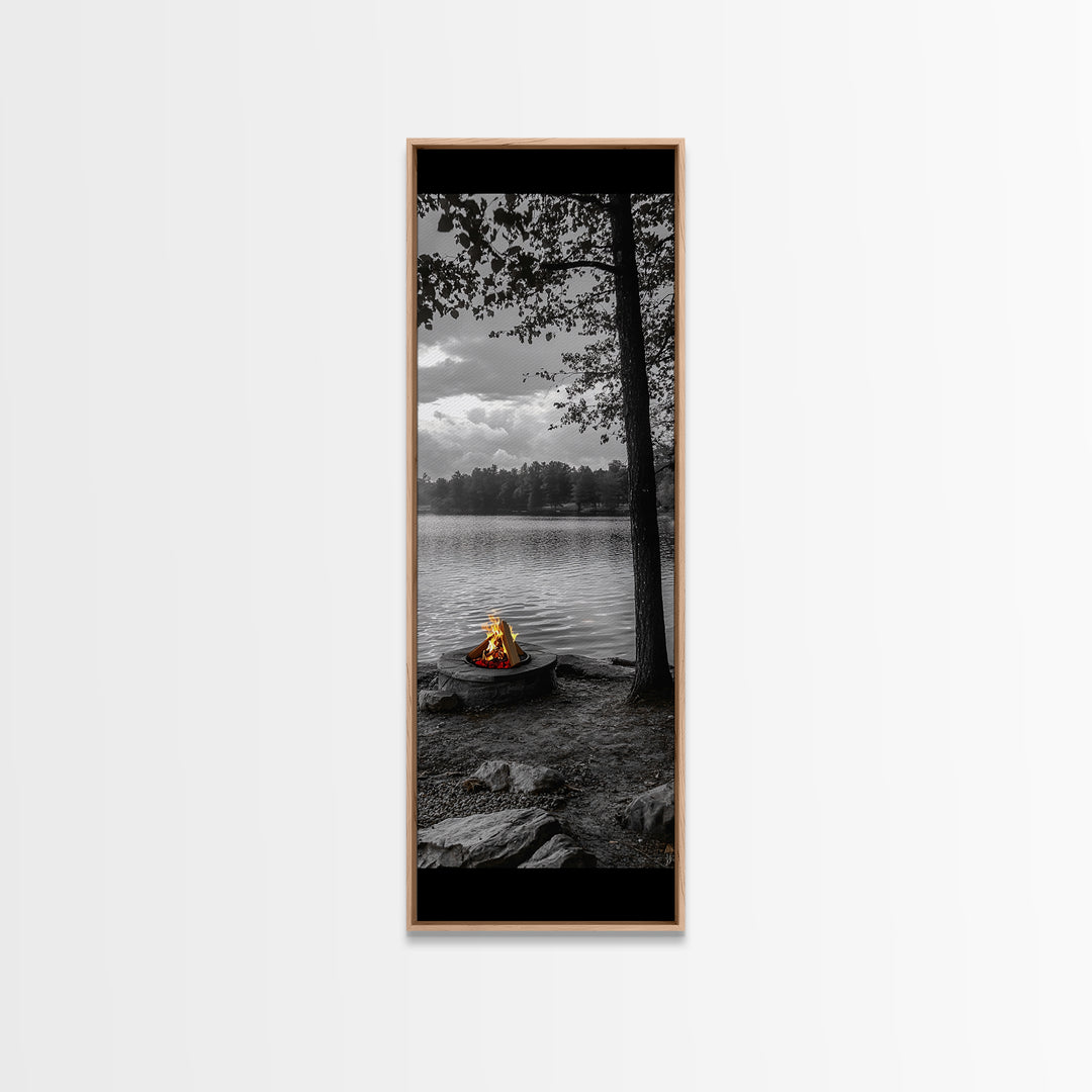 Autumn Campfire Scene, Cozy Outdoors, Fall Evening Glow, Lakeside Calm, Framed Canvas Print Cabin Decor, Living Room Autumn Wall Art