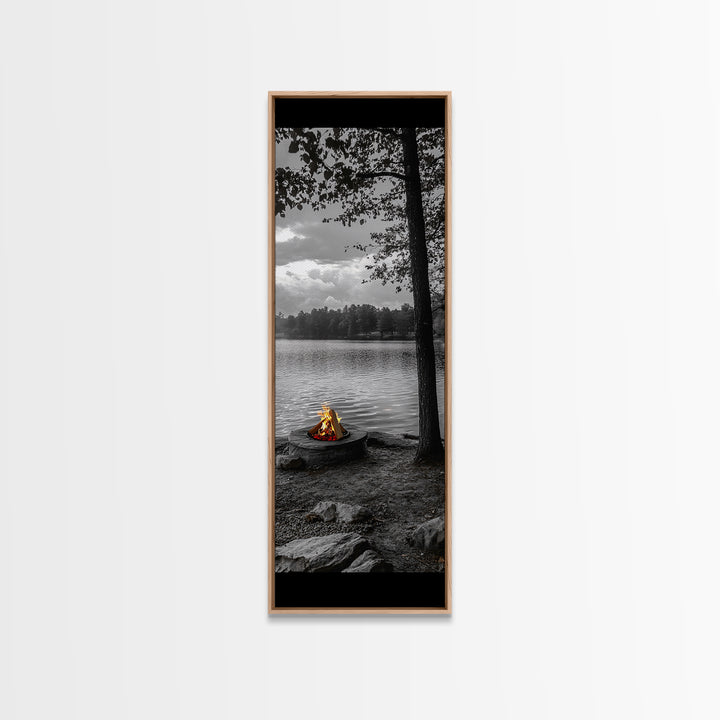 Autumn Campfire Scene, Cozy Outdoors, Fall Evening Glow, Lakeside Calm, Framed Canvas Print Cabin Decor, Living Room Autumn Wall Art